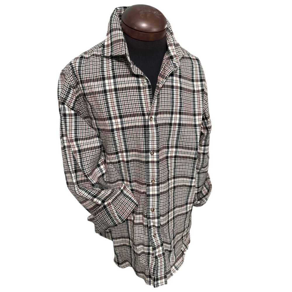 Italian Wool Plaid Flannel Snap Button Shirt Long Sleeve Western Preppy Sz L EUC